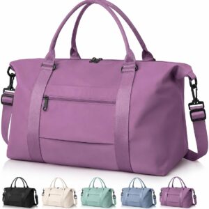 Travel Duffle Bag for Women, Carry On Weekender Tote with Trolley Sleeve | Waterproof overnight bag for gym, sports, hospital stays, labor and delivery purple carry-on design for short trips.