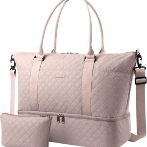 HOTOR Travel Duffel Bag – Weekender Bags for Women, Carry On Gym Tote Bags | with Toiletry Bag & Shoe Compartment, Overnight Bag for Travel Essentials and Travel Accessories, Pink, 13.4″×17.3″×7.9″