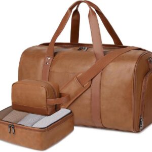 3PCS Faux Leather Weekender Bag for Women Men Travel Bag Overnight Bags | Leather Travel Duffel Bags for Traveling with Shoe Compartment Toiletry Packing Cube Carry On Tote Bag Men Fit 21.5″ Laptop