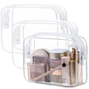 TSA Approved Toiletry Bag – Clear Makeup Bag for Travel, White | 3 Pack Quart-Size, Metal Smooth Zipper, Clear Easy-Check, for 3-1-1 Liquids, Toiletry Bag for Airport Lines, Women, Men