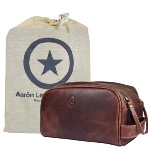 10″ Premium Leather Toiletry Travel Pouch With Waterproof Lining | King-Size Handcrafted Vintage Dopp – Kit By Aaron Leather Goods (Dark Brown)