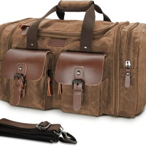Wildroad Waxed Canvas Duffle Bag – 50L Weekender Overnight Travel Bag | Gifts for Men, Holiday Birthday Gift for Dad, Husband & Partner, Carry-on Size, Multiple Pockets, Waterproof, Dark Brown